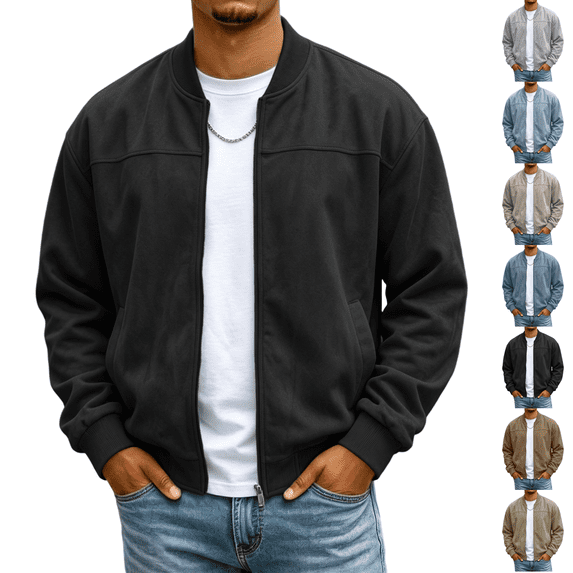 Mens Bomber Jacket Suede Faux Leather Zip Up Jackets With Pockets Long Sleeve Outerwear Ribbed Stand Collar Varsity Jackets Fall Winter Clothes Travel Business Casual Clothes