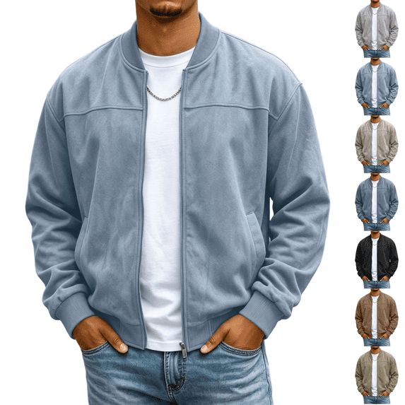 Mens Bomber Jacket Suede Faux Leather Zip Up Jackets With Pockets Long Sleeve Outerwear Ribbed Stand Collar Varsity Jackets Fall Winter Clothes Travel Business Casual Clothes