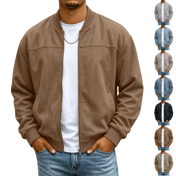 Mens Bomber Jacket Suede Faux Leather Zip Up Jackets With Pockets Long Sleeve Outerwear Ribbed Stand Collar Varsity Jackets Fall Winter Clothes Travel Business Casual Clothes