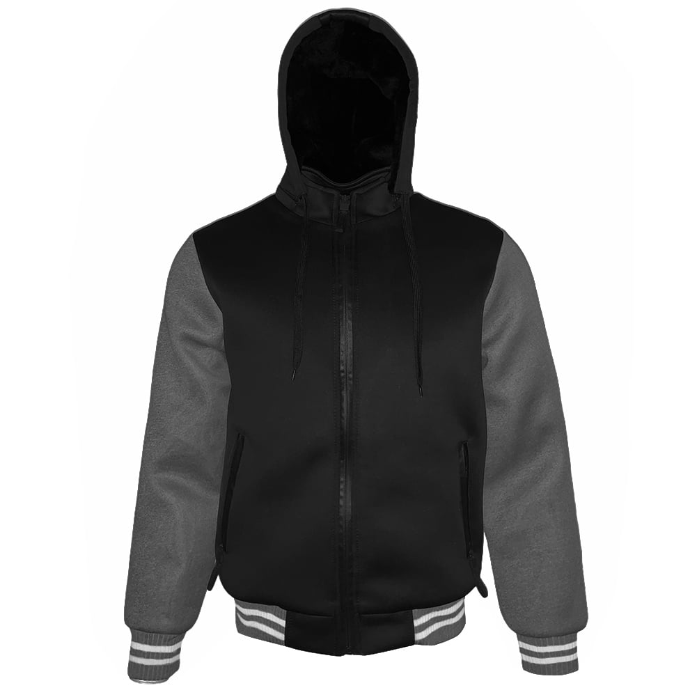 Mens Bomber Varsity Jacket Zip Up Faux Fur Lining Removable Hoodie Black M