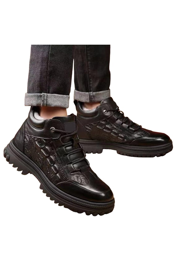 Mens Boots Retro Splice Leather Waterproof Work Dress Booties Warm Furry Lined Antislip Lug Sole Lace up Winter Ankle Boots Black Size 10