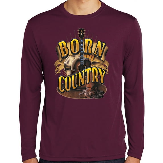 Mens Born Country Guitar & Boots Moisture-Wicking Long Sleeve T-shirt, 4XL Maroon