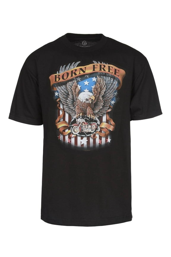 Mens "Born Free" Eagle with US Flag T-Shirt - Black - Large
