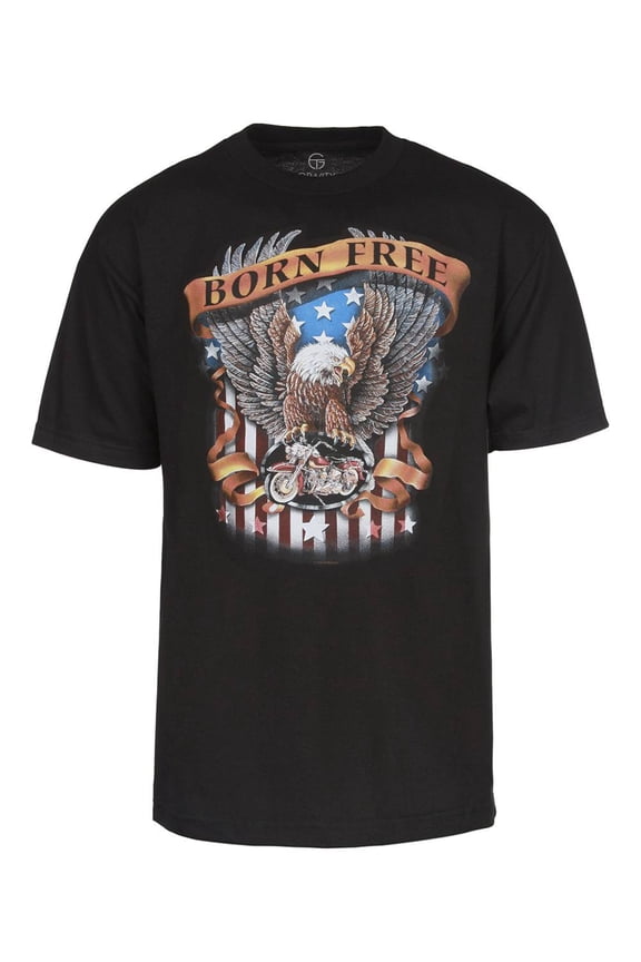 Mens "Born Free" Eagle with US Flag T-Shirt - Black - Medium