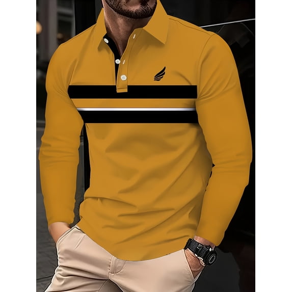 Mens Botton Up Polo Shirts Long Sleeve Casual Lightweigt Golf Polos Button Collared TShirt Yellow XXL