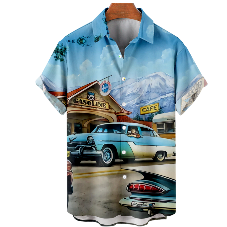 Mens Bowling Shirt Short Sleeve Print Hawaiian Shirts Vintage Car Printed Regular Fit Summer Beach Casual Tees for Men Women and Kids