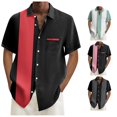 thumbnail image 1 of Mens Bowling Shirts 1950s Casual Short Sleeve Button Up Contrast Summer Color Block Cuban Printed Red M, 1 of 4