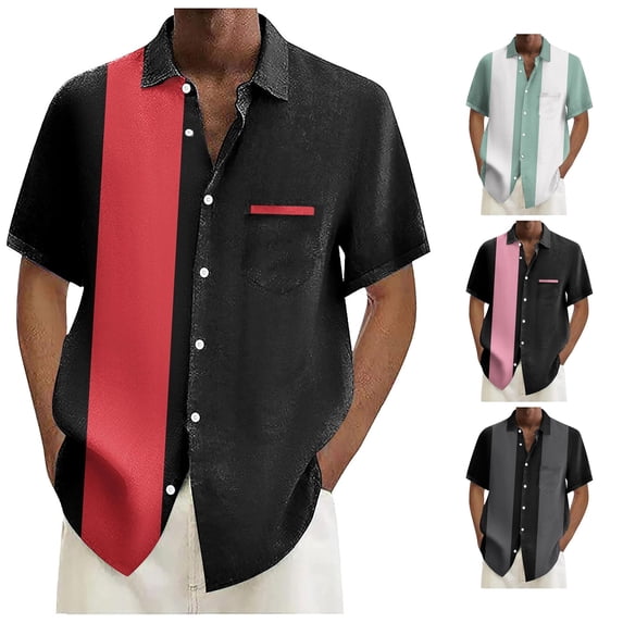 Mens Bowling Shirts 1950s Casual Short Sleeve Button Up Contrast Summer Color Block Cuban Printed Red M