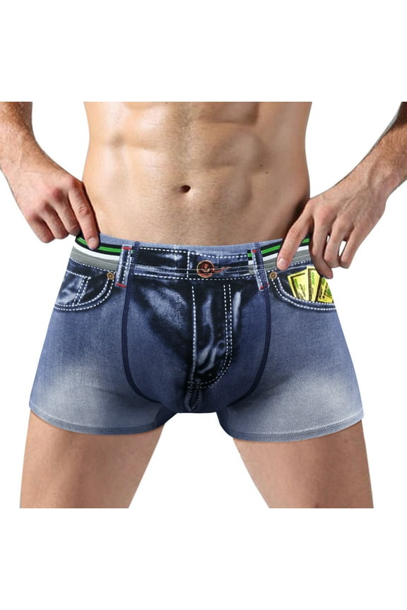 Mens Boxer Briefs Jean Cotton Underwear Stretch Denim Print Breathable Underpants Shorts Blue M