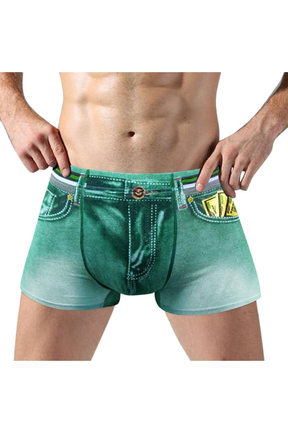 Mens Boxer Briefs Jean Cotton Underwear Stretch Denim Print Breathable Underpants Shorts Green L