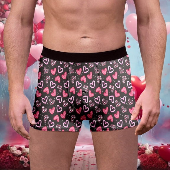 Mens Boxer Briefs Valentine Heart Print Stretch Ventilate Cotton Underwear Elastic Waistband Soft Comfortable Trunks Purple M