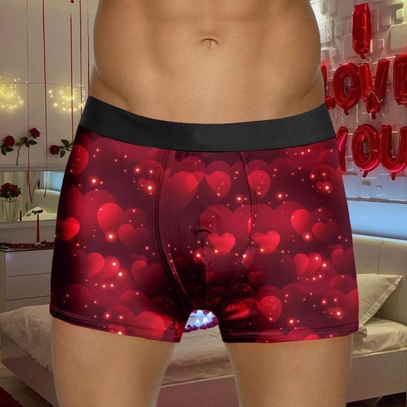 Mens Boxer Briefs Valentine's Day Heart Print Loose Comfort Stretch Moisture Wicking Underwear Elastic Waistband Soft Breathable Trunks L