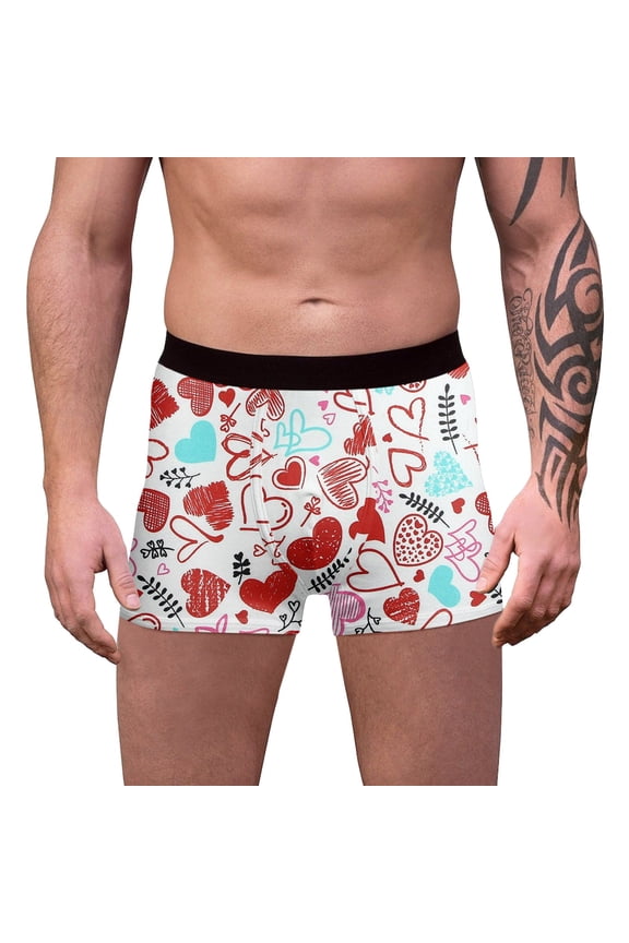Mens Boxer Briefs Valentine's Day Red Hearts Pattern Underwear Love Boxer for Men Fun Underwear Shorts White L