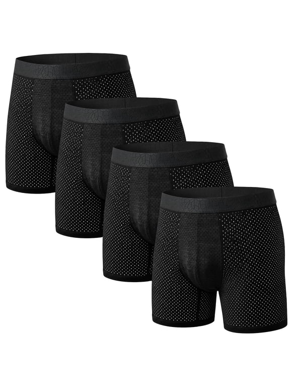 Mens Boxers, CaiDieNu Mens Cooling Mesh Boxer Briefs with Graphene Gusset, Breathable Quick Dry Soft Stretch Long Leg Underwear for Men, Anti Chafing Trunks for Gym Running Summer, 4 Pack, Black, L