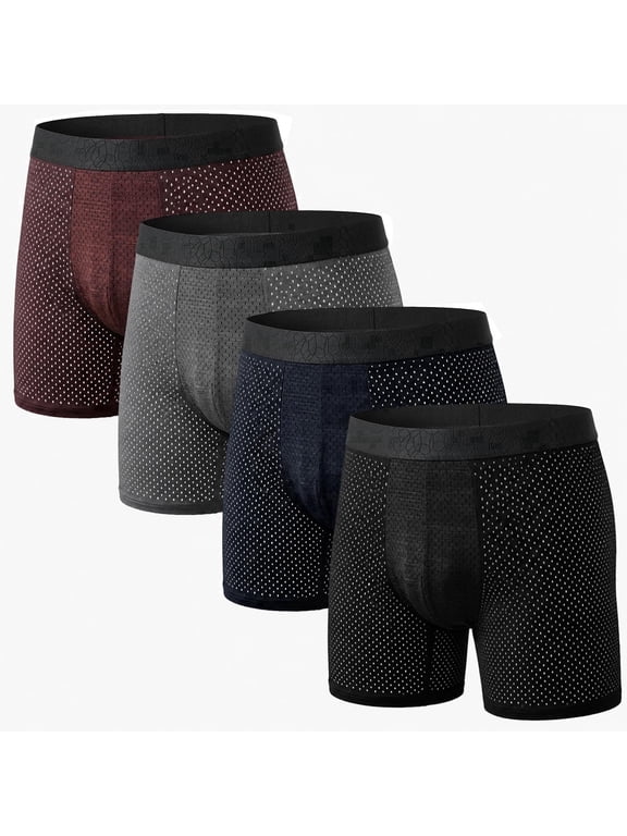 Mens Cooling Mesh Boxer Briefs, Breathable Quick Dry Underwear with Graphene Gusset Anti Chafing Soft Stretch Trunks, 4 Pack, L