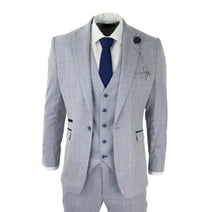 Mens Boys 3 Piece Check Suit Tweed Light Blue Tailored Fit Wedding Peaky Classic