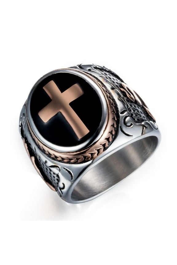 Mens Stainless Steel Military Holy Bless Christian Cross Signet Band Promise Ring for Promise Engagement Birthday Gift