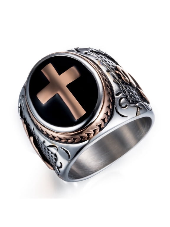 Mens Stainless Steel Military Holy Bless Christian Cross Signet Band Promise Ring for Promise Engagement Birthday Gift
