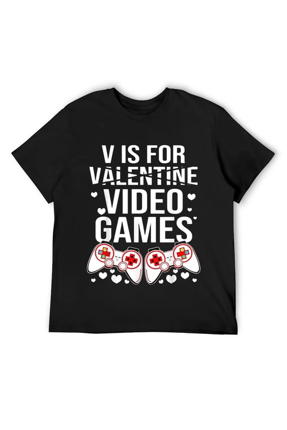 Mens Boys Valentines Day Shirts Gamer Funny V Is For Video Games T-Shirt Black