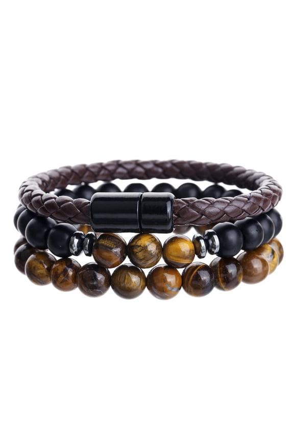 Mens Bracelet 3pcs Stone Beaded Stretch Bracelets Set for Him Valentine's Day Gifts(7.87in)