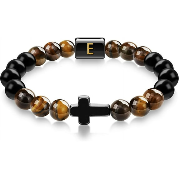 Mens Bracelet, Cross Bracelet Letter A-Z Initial Bracelet for Men Onyx Tigers Eye Beaded Bracelet Religious Christian Bracelet Anniversary Birthday Gifts for Men Dad Husband Son Mens Jewelry