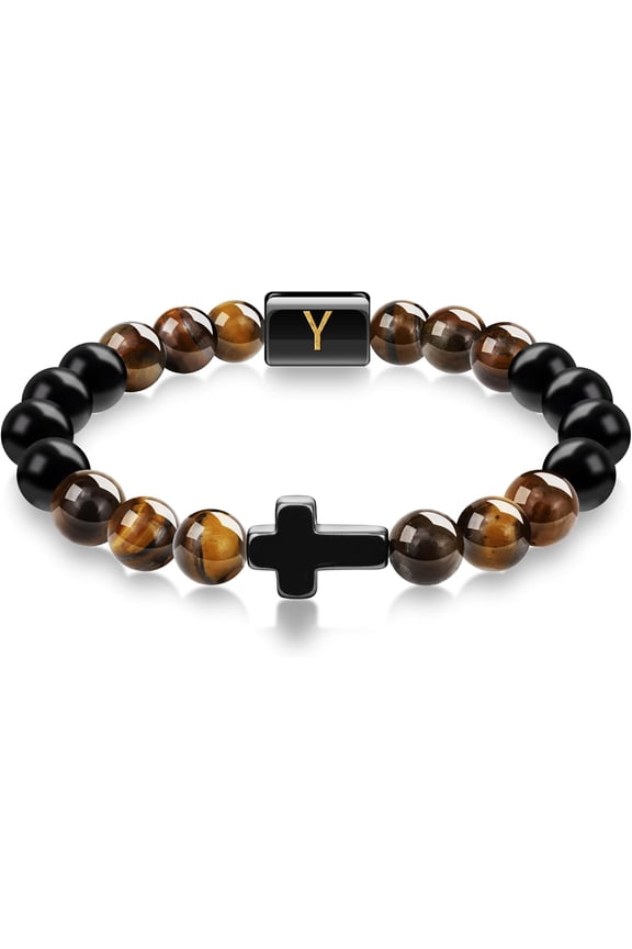 Mens Bracelet, Cross Bracelet Letter A-Z Initial Bracelet for Men Onyx Tigers Eye Beaded Bracelet Religious Christian Bracelet Anniversary Birthday Gifts for Men Dad Husband Son Mens Jewelry