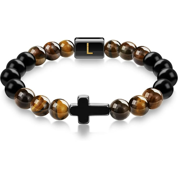 Mens Bracelet, Cross Bracelet Letter A-Z Initial Bracelet for Men Onyx Tigers Eye Beaded Bracelet Religious Christian Bracelet Anniversary Birthday Gifts for Men Dad Husband Son Mens Jewelry