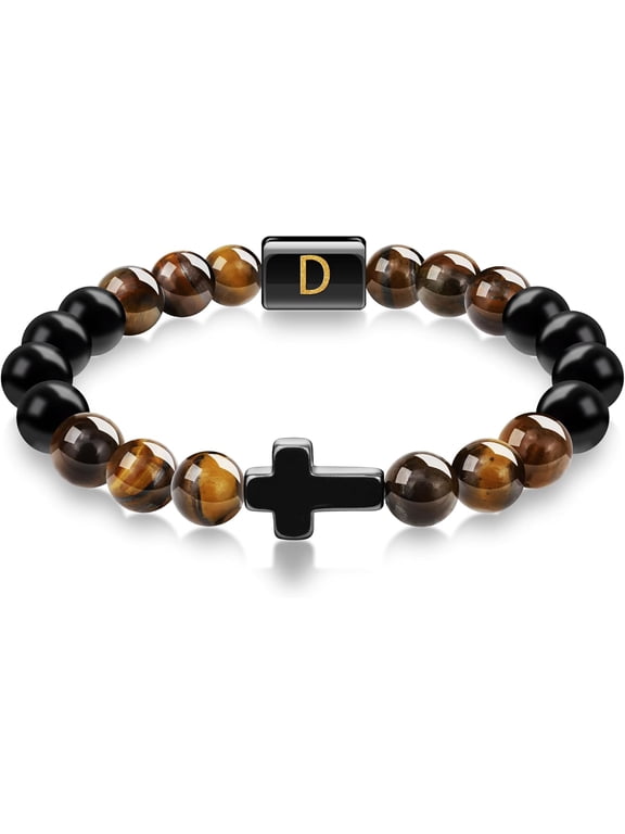 Mens Bracelet, Cross Bracelet Letter A-Z Initial Bracelet for Men Onyx Tigers Eye Beaded Bracelet Religious Christian Bracelet Anniversary Birthday Gifts for Men Dad Husband Son Mens Jewelry
