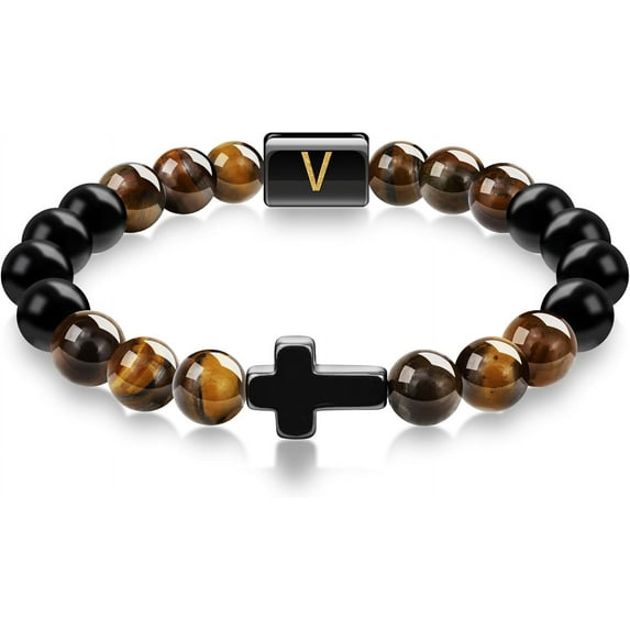 Mens Bracelet, Cross Bracelet Letter A-Z Initial Bracelet for Men Onyx Tigers Eye Beaded Bracelet Religious Christian Bracelet Anniversary Birthday Gifts for Men Dad Husband Son Mens Jewelry