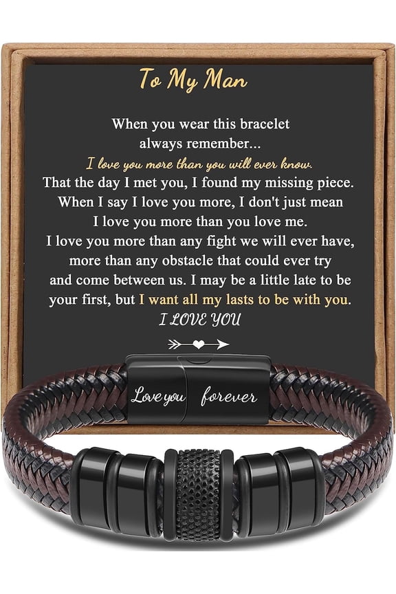 Mens Bracelet to My Man Gift for Him Love You Forever Layered Leather Bracelet Graduation Christmas Birthday Unique Gifts for Husband Him Fiance Boyfriend Valentines Day Christmas 7.5 Inches Single-T