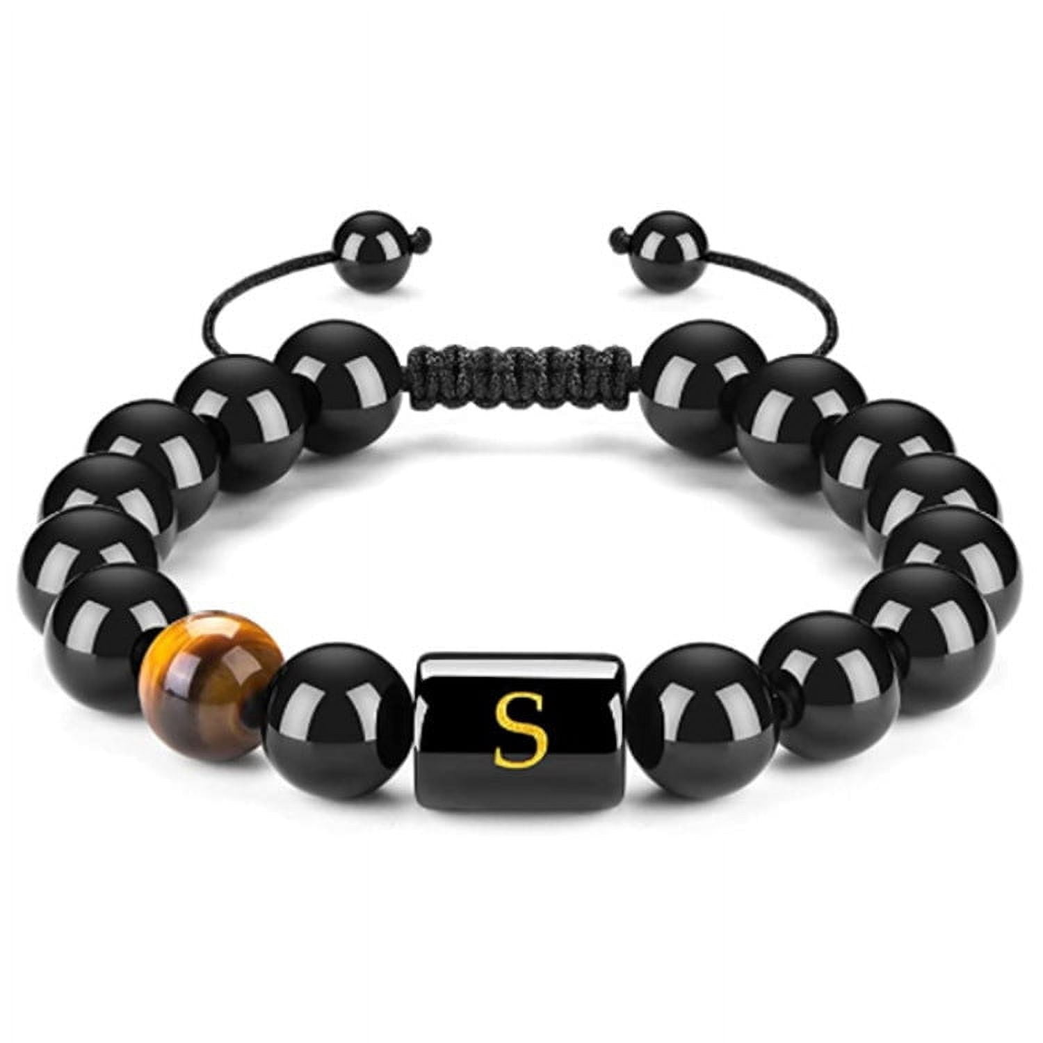 Mens Bracelet Natural Black Agate 10mm Beads Handmade Initial Letter Bracelet Personalized Jewelry Gift for Men and