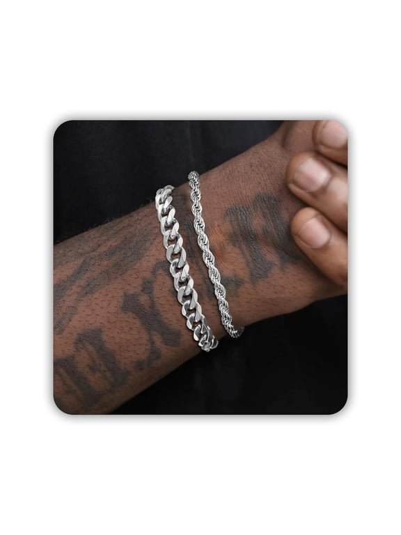 Mens Bracelet Silver as Fathers Day Gifts for Dad Him Step Father New Daddy Son Men Boys Bracelet, Stainless Steel Silver Cuban Link Bracelet for Men as Waterproof Men Jewelry