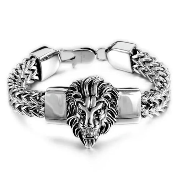 Mens Bracelet Stainless Steel Heavy 12mm Double Franco Chain Lion Head Bracelet