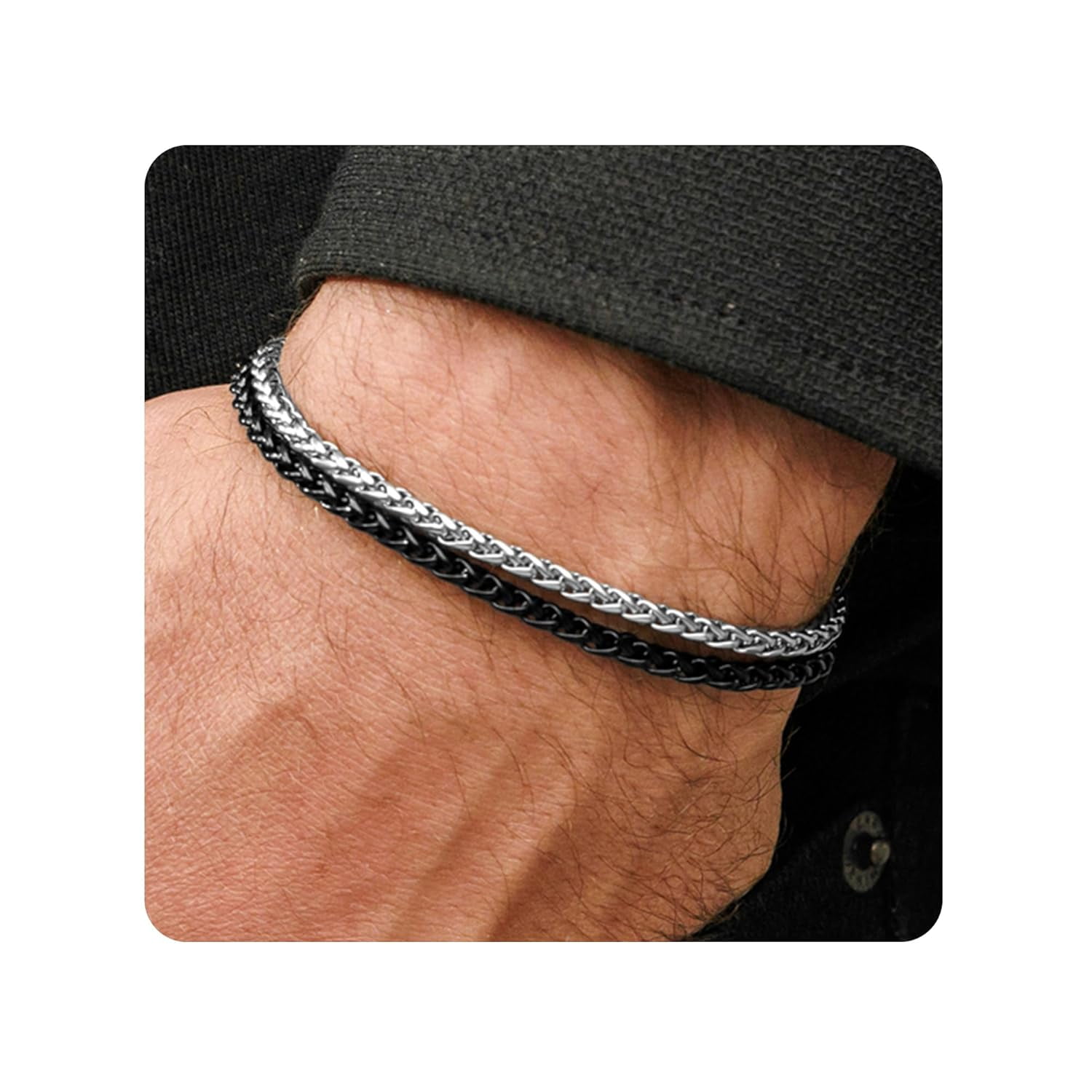 Mens Bracelet,Stainless Steel for Men, Non Tarnish Rope Chain Bracelets, Stylish Birthday Gift for Boys, Dad, Son, Boyfriend - Silver & Black 7"