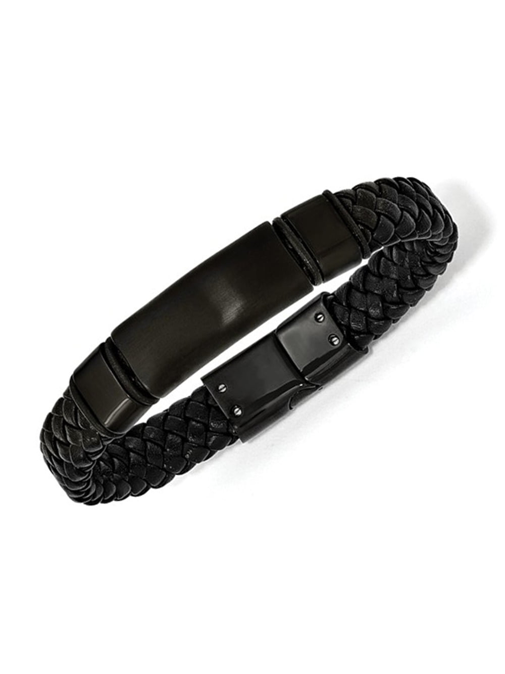 Mens Bracelet in Black Stainless Steel with Braided Leather (8.5 inch) for Men