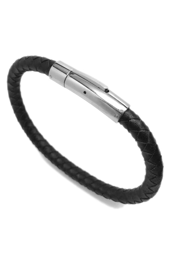Mens Braided Black Leather Bracelet with Double Stainless Steel Locking Clasp (8.5 Inch)