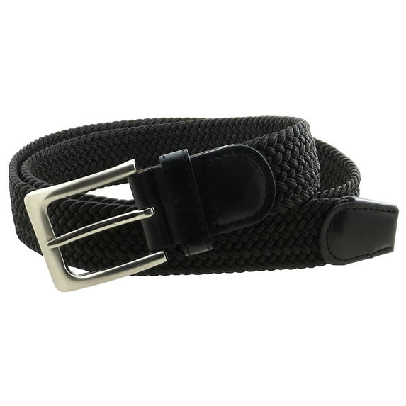 Mens Braided Elastic Stretch Belt Leather Tipped End and Silver Metal Buckle