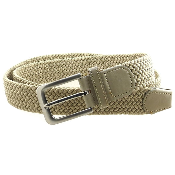 Mens Braided Elastic Stretch Belt Leather Tipped End and Silver Metal Buckle