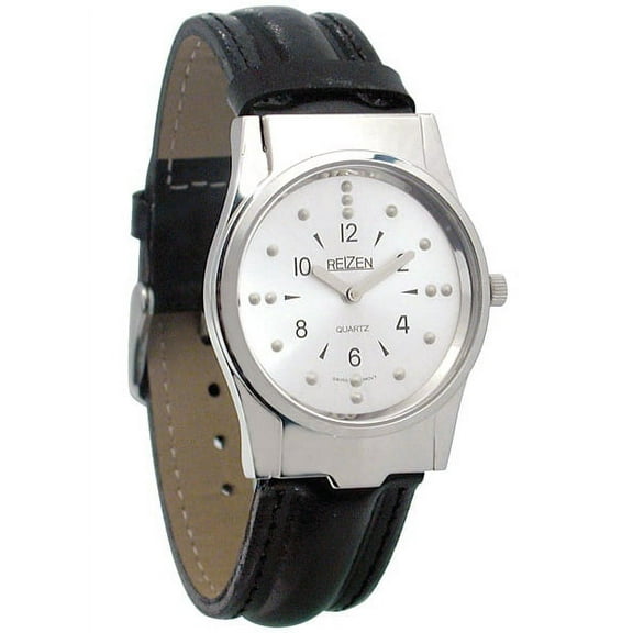 Mens Braille Watch -Chrome, Leather Band