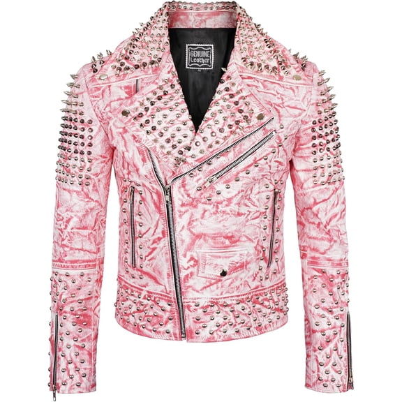 Mens Brando Style Punk Studded Pink and White Biker Real Leather Gothic Jacket