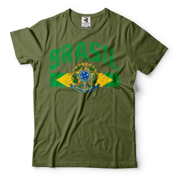 Mens Brasil Shirt Brazil Patriotic Flag Tee Brasil Unisex Shirt Brazil Traveler Lover Shirt (X-Large Military Green)