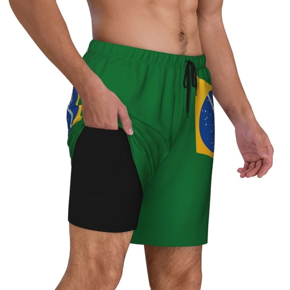 Mens Brazil Flag 2 in 1 Quick Dry Swim Trunks with Compression Liner Beach Shorts
