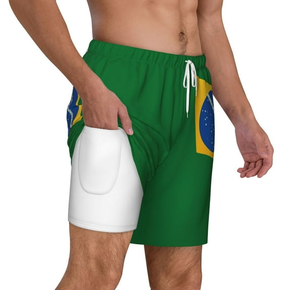 Mens Brazil Flag 2 in 1 Quick Dry Swim Trunks with Compression Liner Beach Shorts