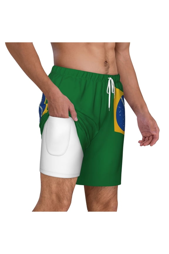 Mens Brazil Flag 2 in 1 Quick Dry Swim Trunks with Compression Liner Beach Shorts