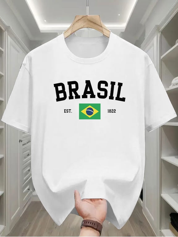 Mens Brazil T-Shirt with Brazil Map Outline And BR Logo- Greenyellowblack National Colors, Stretchy Casual Crew Neck T-Shirt, Breathable Summer Shirt, Suitable Brazilian Themed Events, Fans,