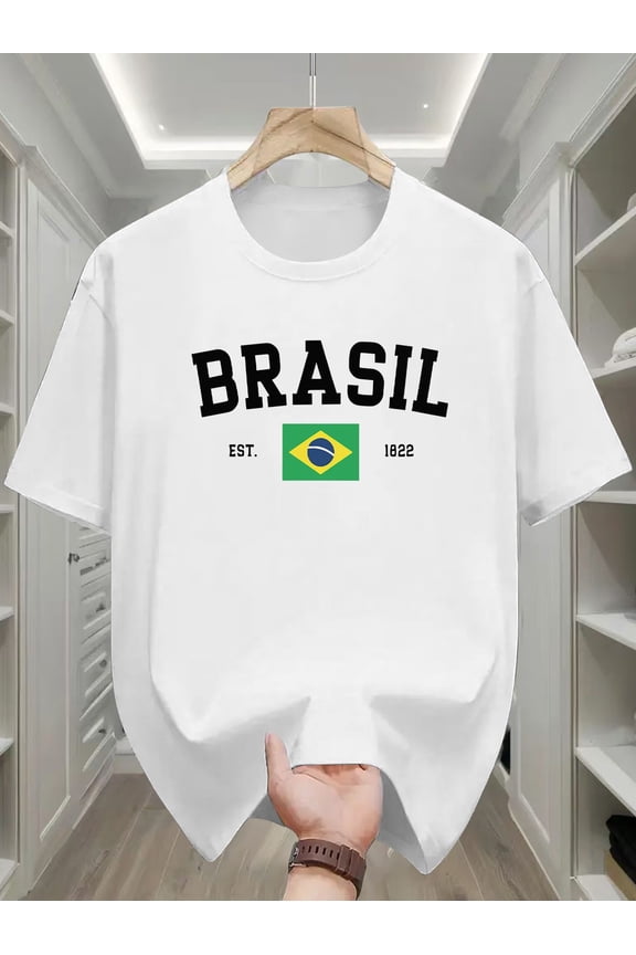 Mens Brazil T-Shirt with Brazil Map Outline And BR Logo- Greenyellowblack National Colors, Stretchy Casual Crew Neck T-Shirt, Breathable Summer Shirt, Suitable Brazilian Themed Events, Fans,