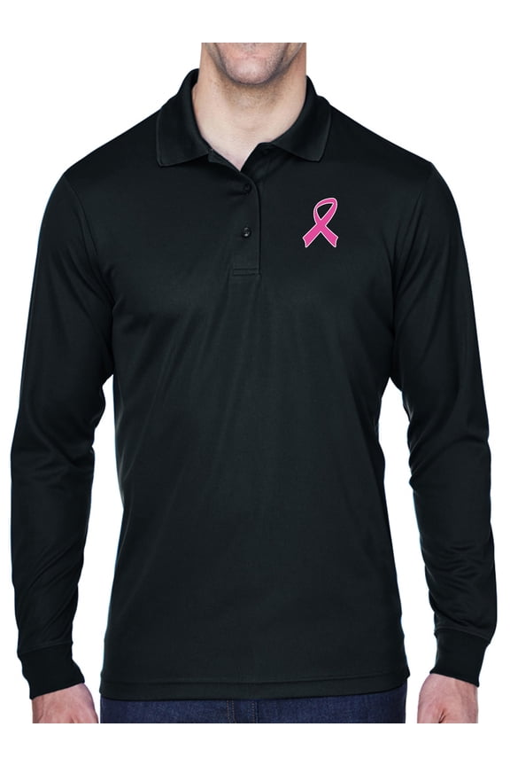 Mens Breast Cancer Awareness Pink Ribbon Long Sleeve Polo Shirt - Black, 4XL