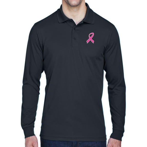 Mens Breast Cancer Awareness Pink Ribbon Long Sleeve Polo Shirt - Carbon, Small