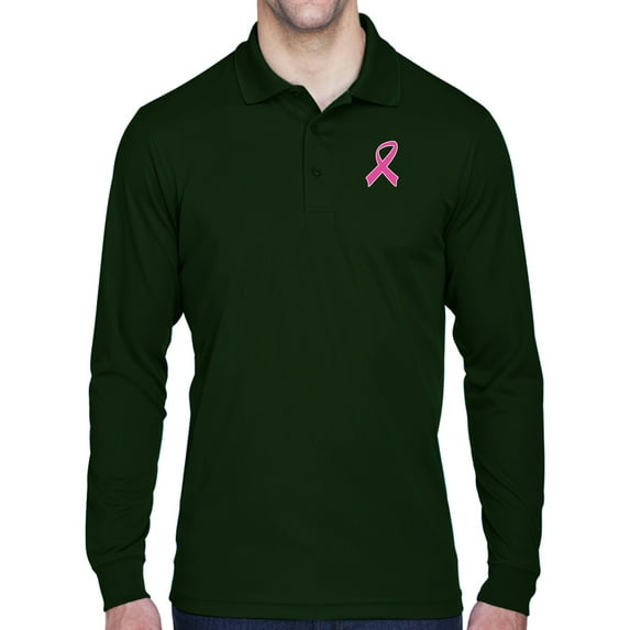 Mens Breast Cancer Awareness Pink Ribbon Long Sleeve Polo Shirt - Forest, 4XL