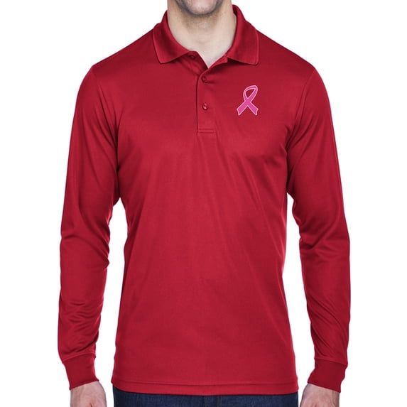 Mens Breast Cancer Awareness Pink Ribbon Long Sleeve Polo Shirt - Red, Large